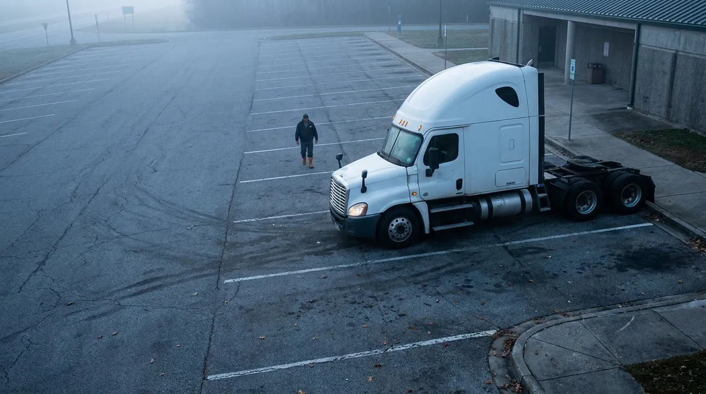 truck driver walking beside parked semi-truck cab in empty parking lot