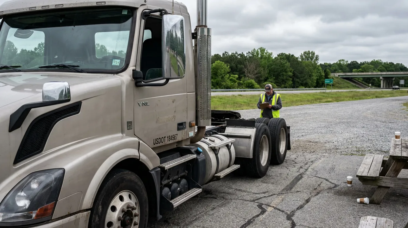 USDOT-labeled semi-truck cab with inspector reviewing clipboard at roadside stop