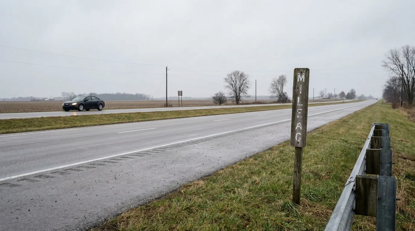 rural highway with mileage marker post and sedan traveling on roadway