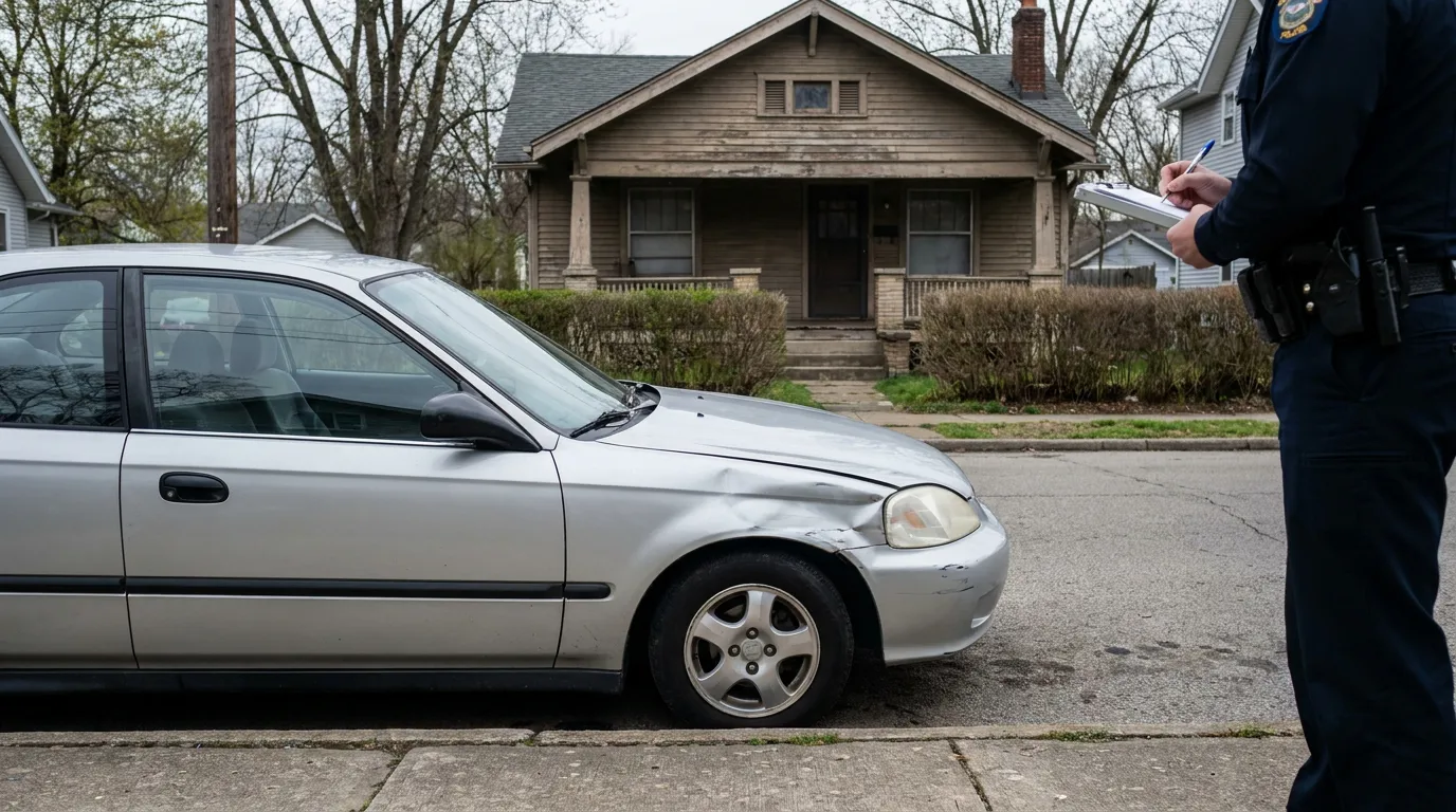 police officer writing report beside sedan with front-end collision damage