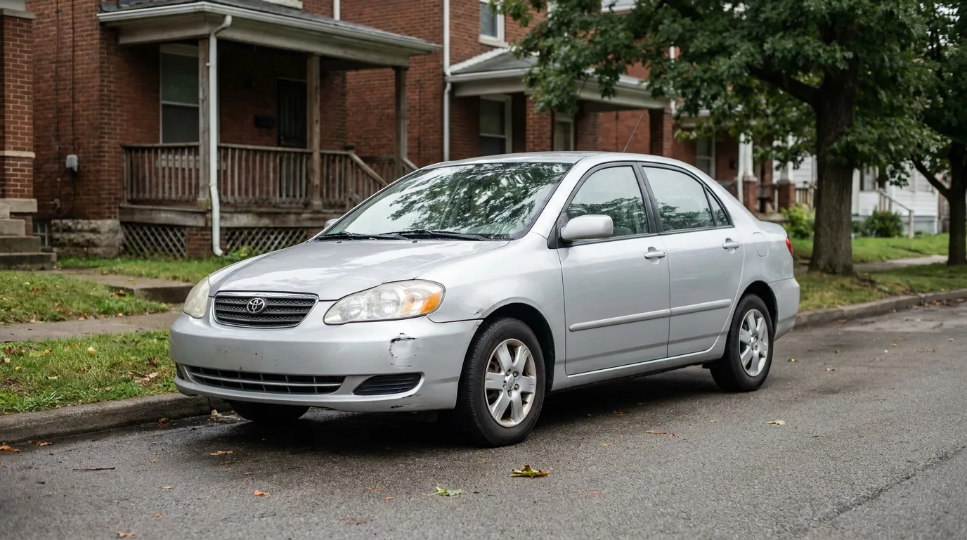 Toyota Corolla sedan with front bumper damage parked on residential street