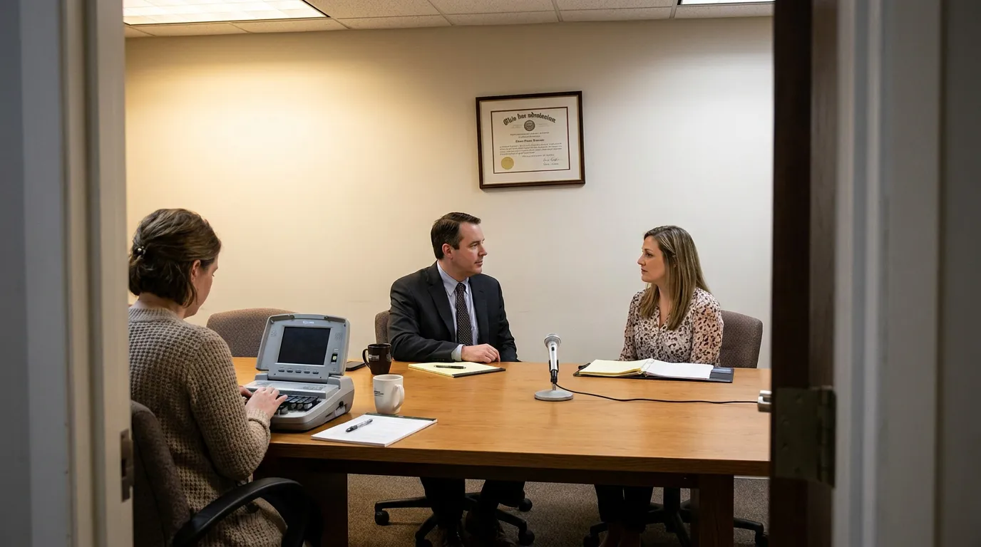 attorney and client seated at conference table during deposition with court reporter