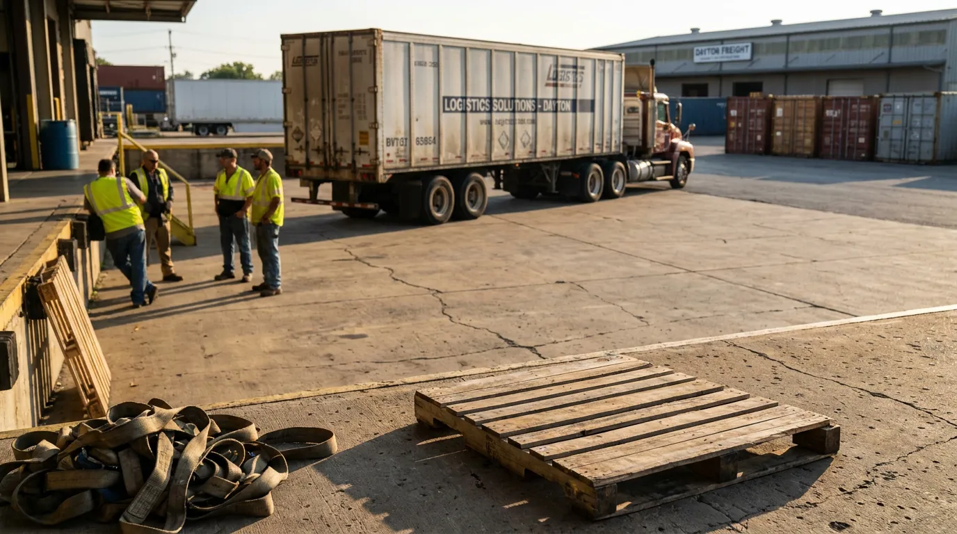 workers in safety vests near Logistics Solutions Dayton freight truck at loading dock