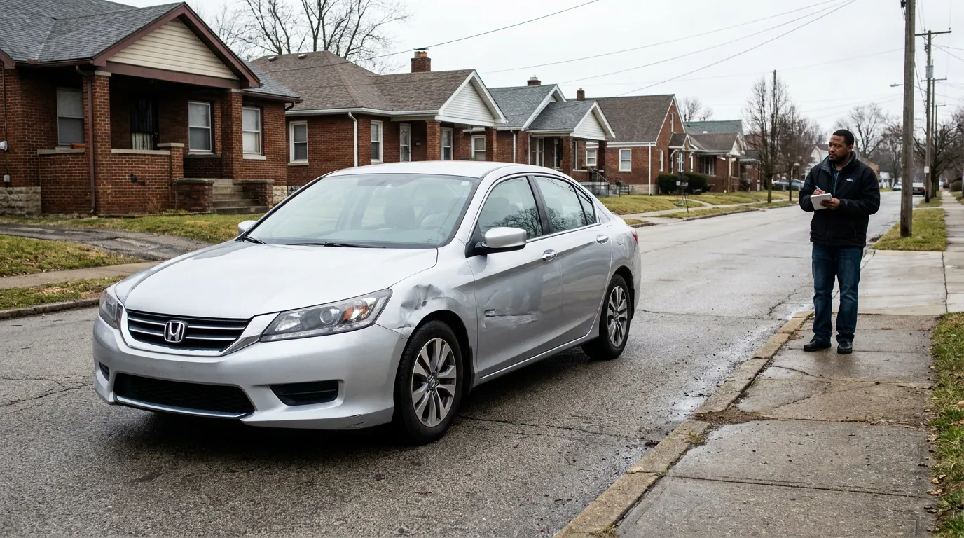 man writing on clipboard beside damaged Honda sedan on residential street
