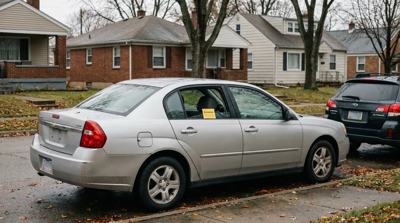 Chevrolet Malibu sedan parked on residential street with No Insurance notice on window