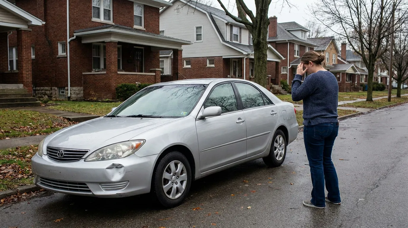distressed woman standing beside Toyota sedan with visible front bumper damage on residential street