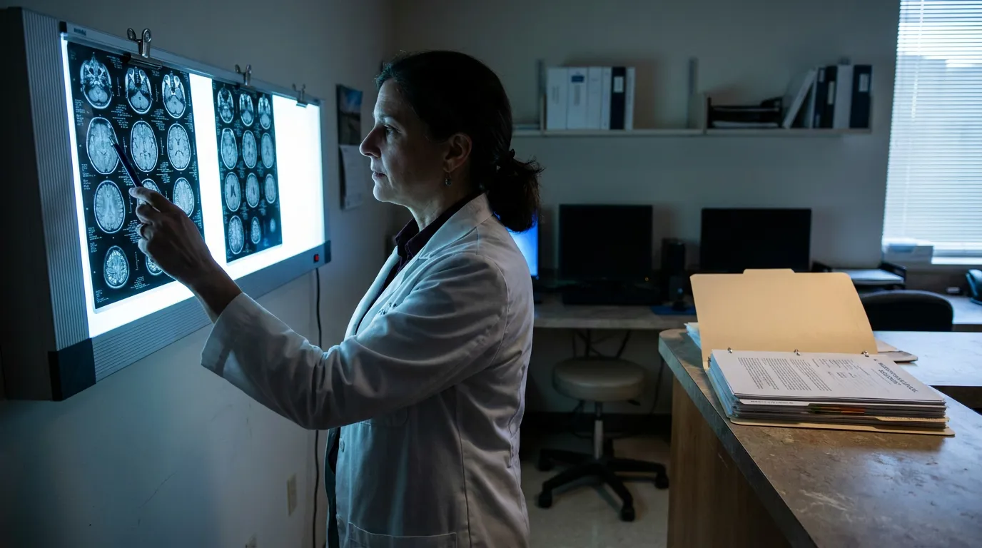 physician in lab coat examining brain MRI scans on illuminated lightbox