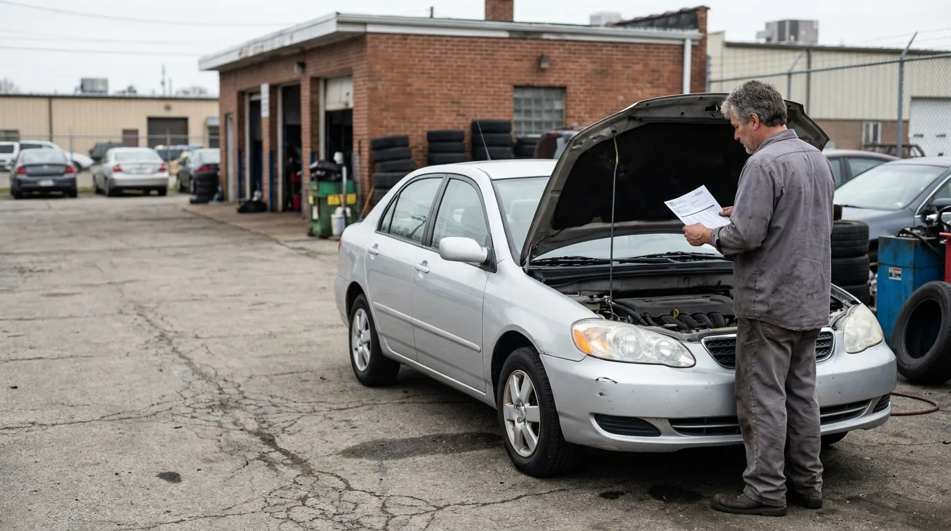 mechanic reviewing document beside sedan with open hood at auto repair shop