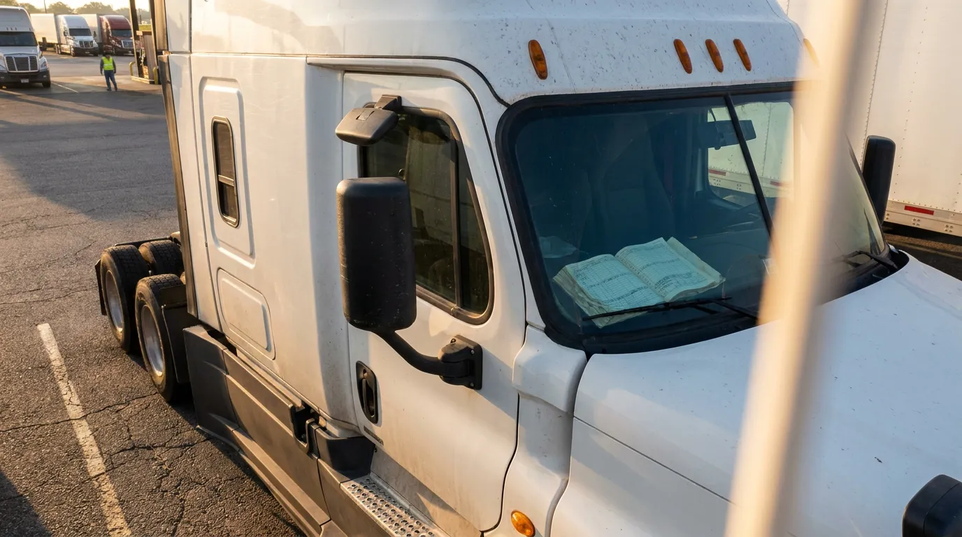 semi-truck cab with open logbook visible on dashboard at truck stop