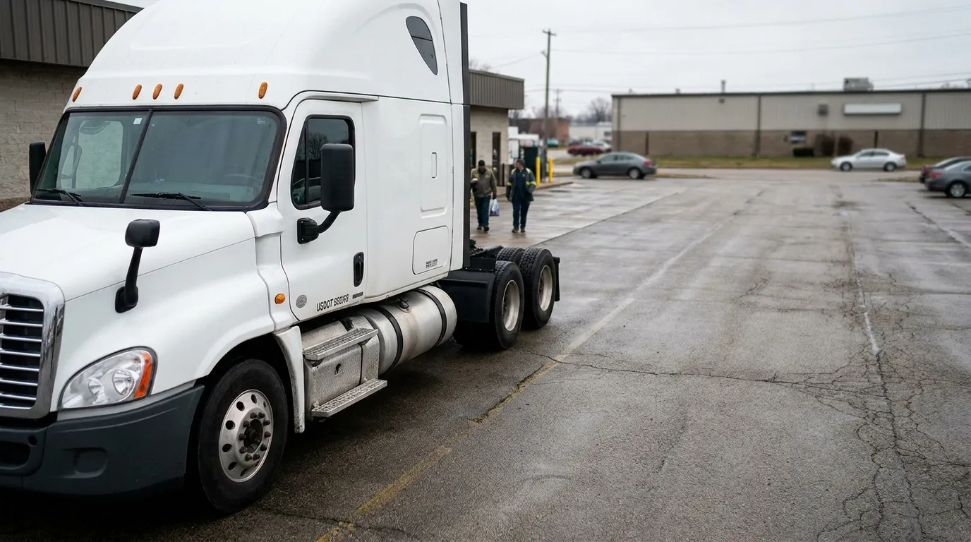 USDOT-labeled semi-truck cab parked in commercial lot with two workers nearby