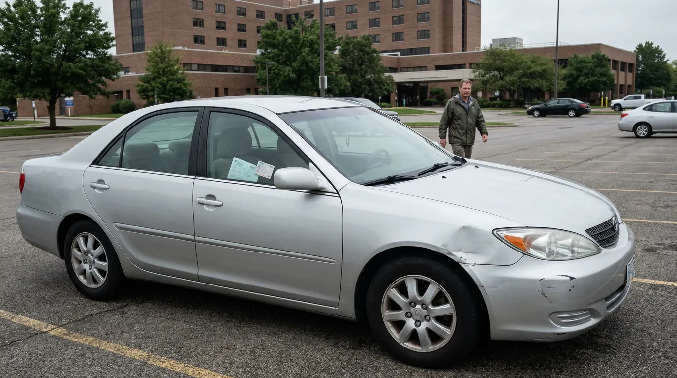 sedan with front-end collision damage parked in lot with man approaching