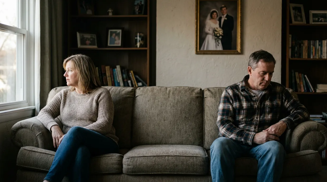 estranged couple sitting apart on sofa with framed wedding portrait on wall