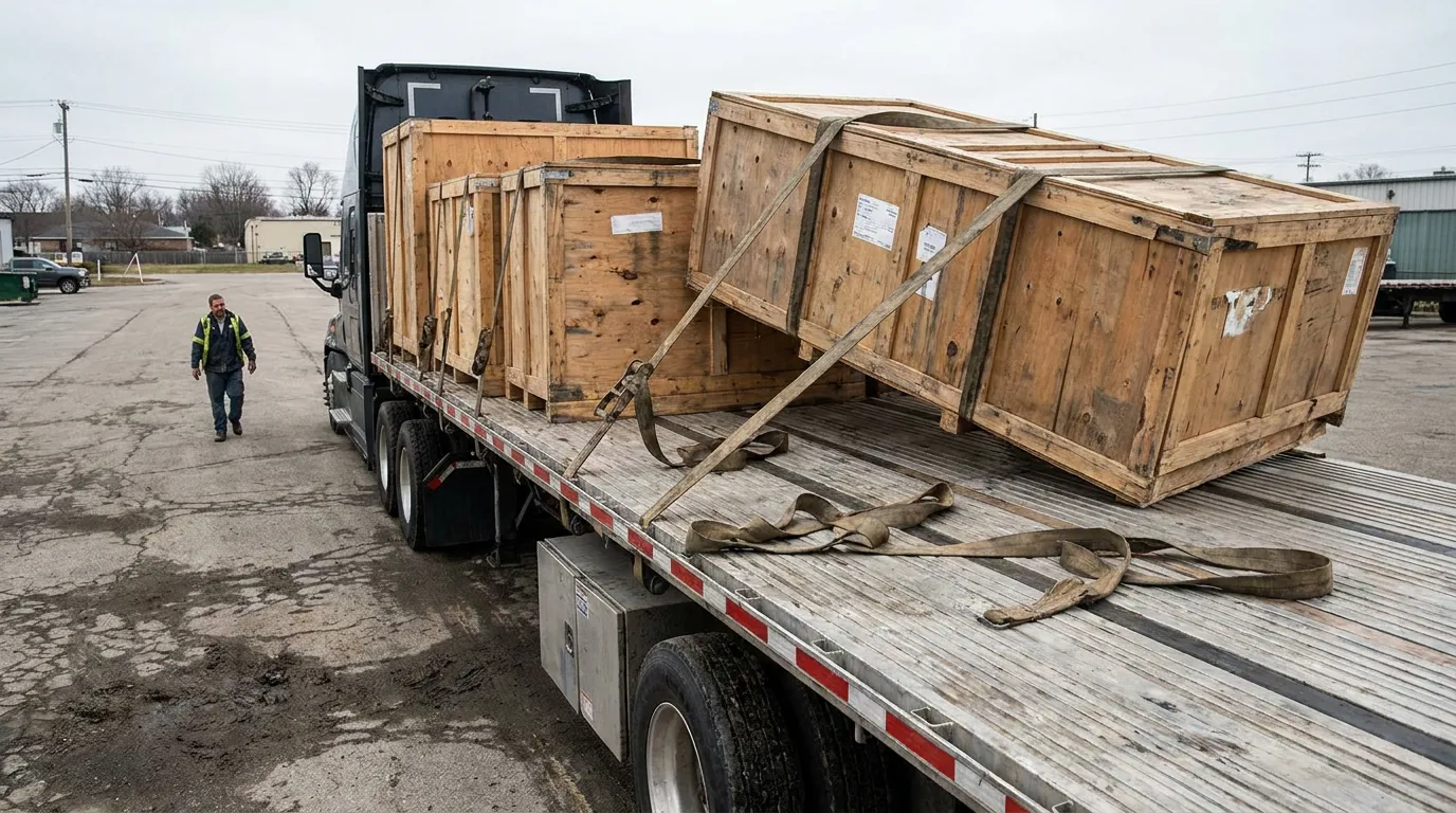 worker in safety vest walking beside flatbed truck with unsecured shifting wooden crates