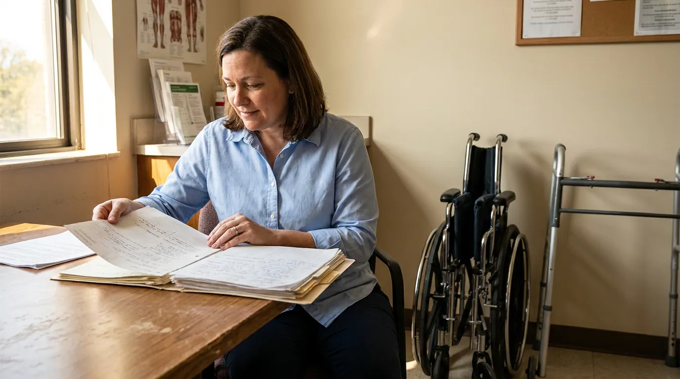 woman reviewing medical records at desk beside wheelchair and walker