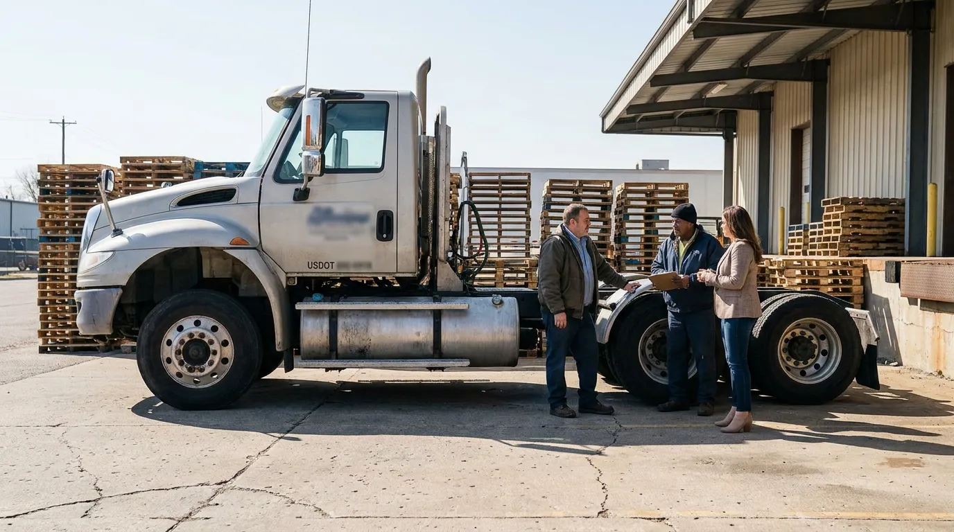 three people reviewing documents beside USDOT-labeled semi-truck at commercial loading dock