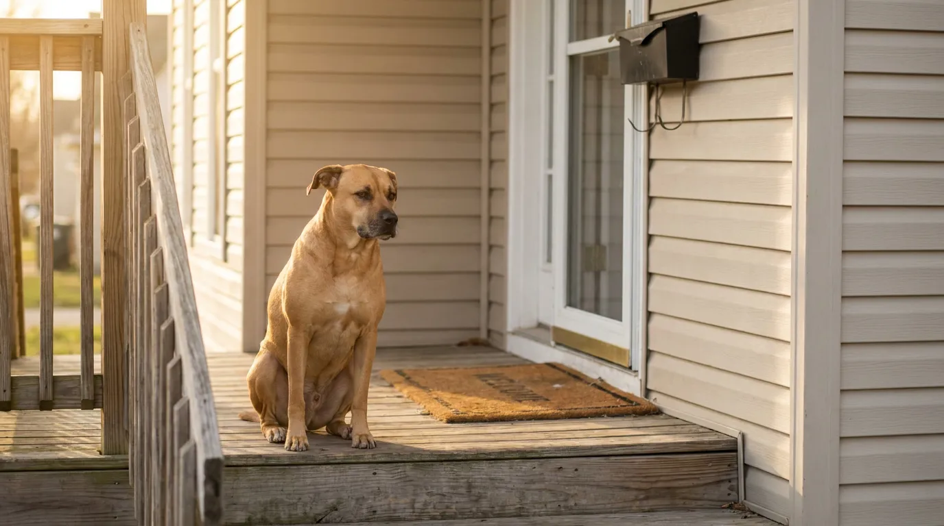large dog sitting on wooden front porch steps beside residential home entrance