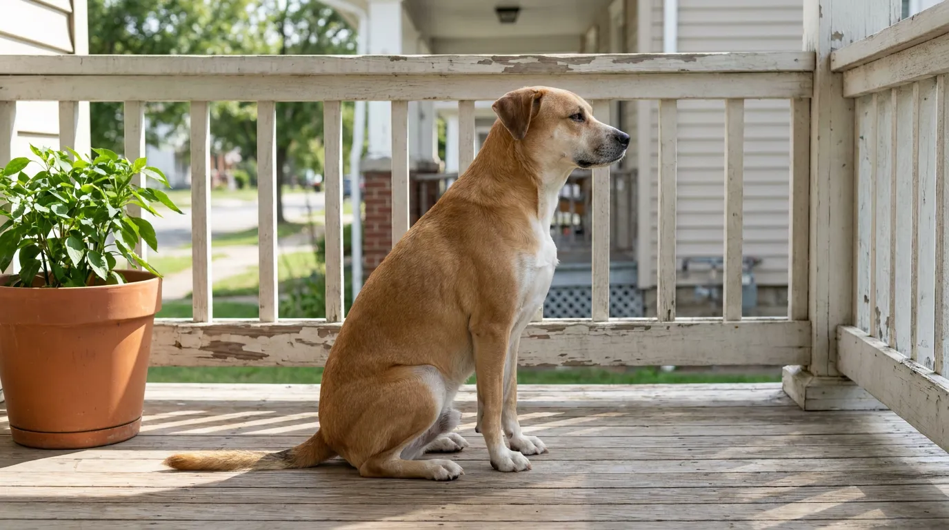 dog sitting alert on residential front porch beside potted plant