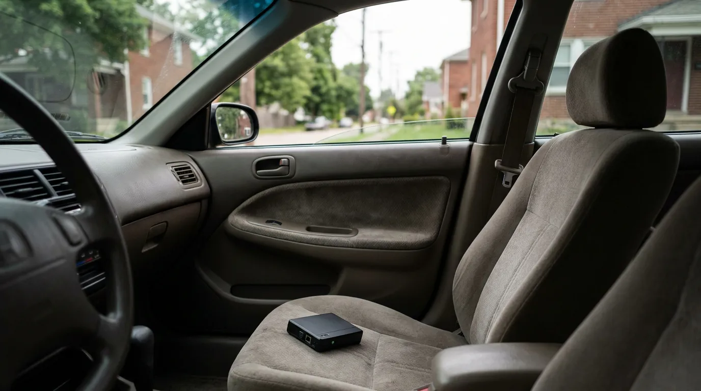 small electronic device resting on passenger seat inside parked vehicle