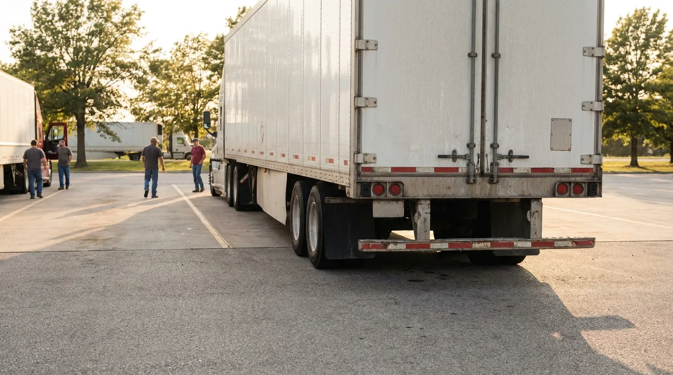 large semi-truck trailer parked in lot with several people standing nearby