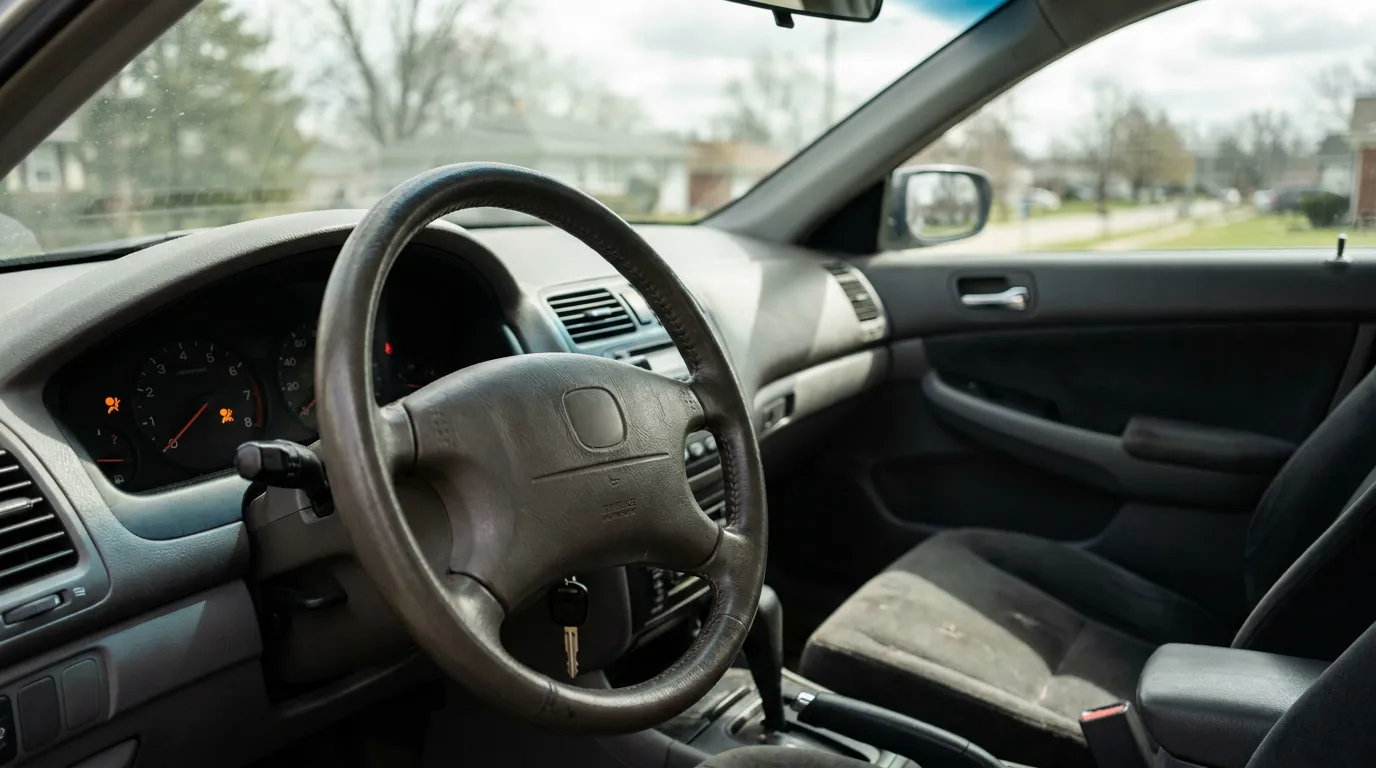 car interior showing steering wheel, dashboard warning lights, and key in ignition
