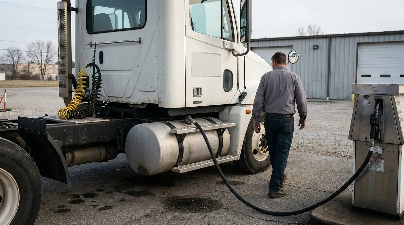 truck driver fueling semi-truck cab at commercial fuel pump station
