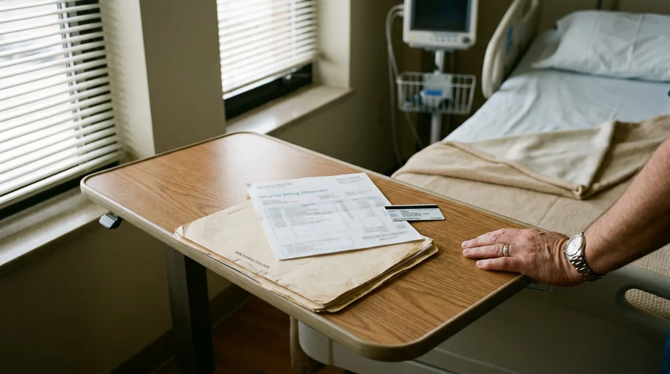 Hospital billing statement and discharge folder on patient bedside tray table