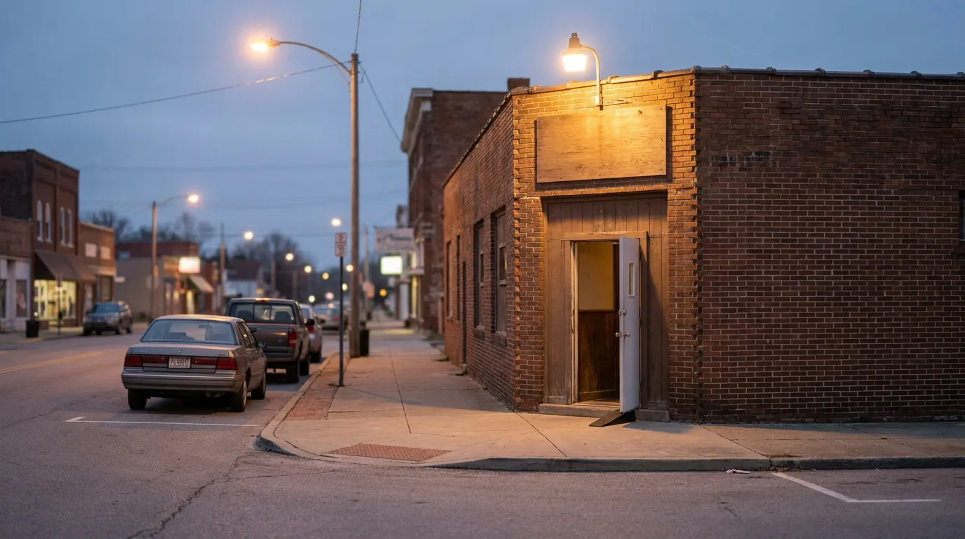 brick commercial building with open door on quiet small-town street at dusk