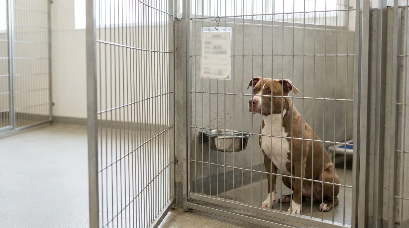 pit bull terrier sitting inside metal kennel enclosure with information card and water bowl