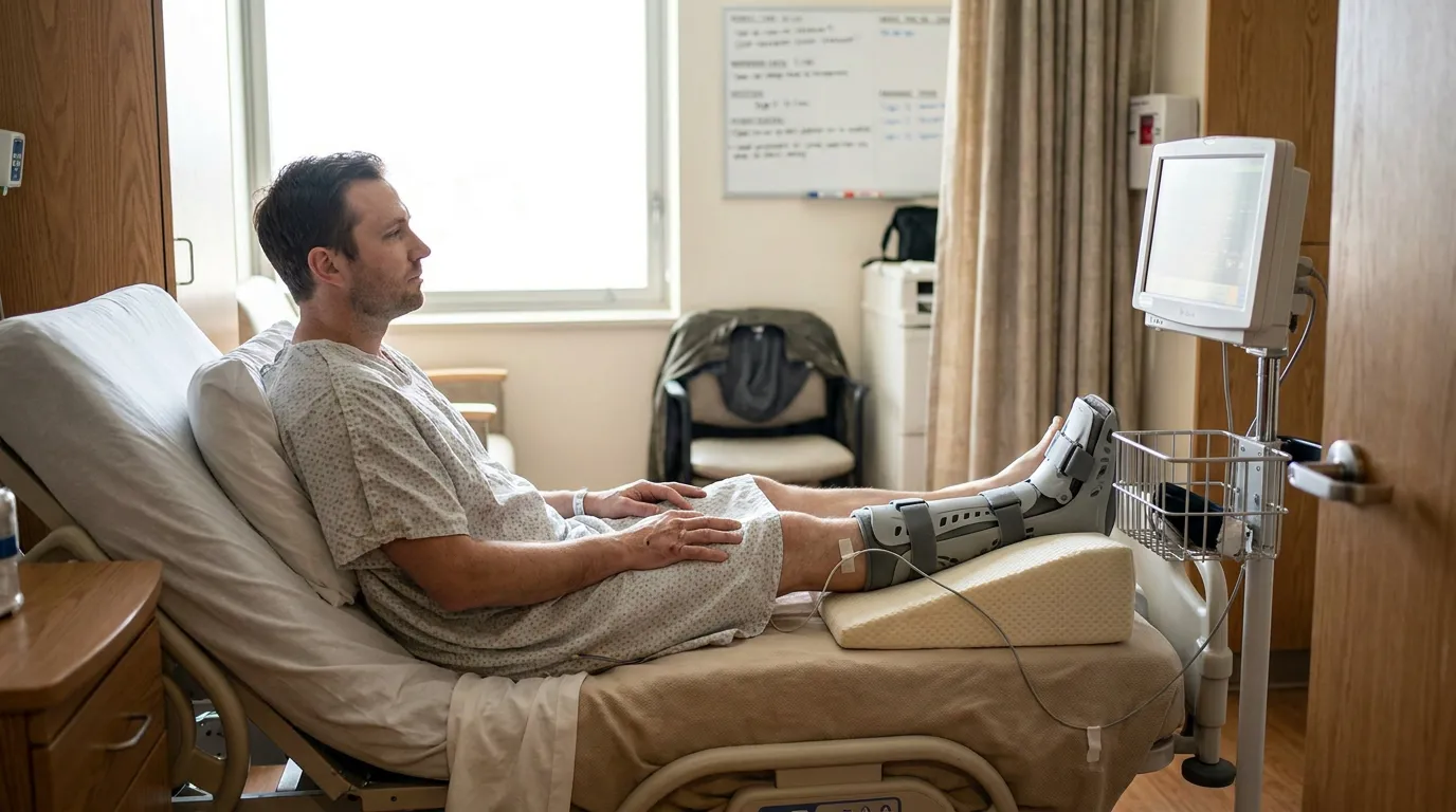 male patient in hospital gown resting in bed with leg brace elevated