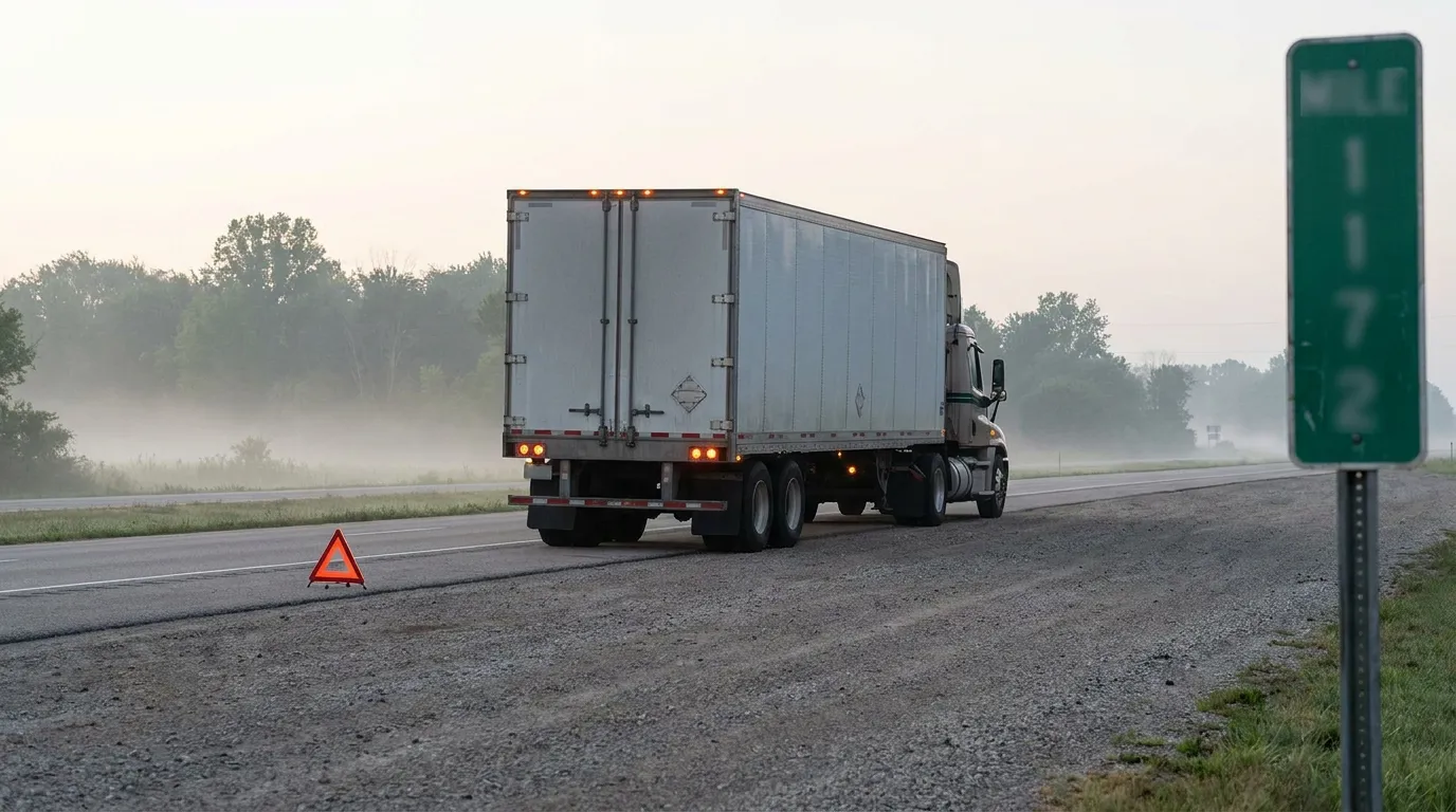 semi-truck on foggy highway with reflective warning triangle on roadside
