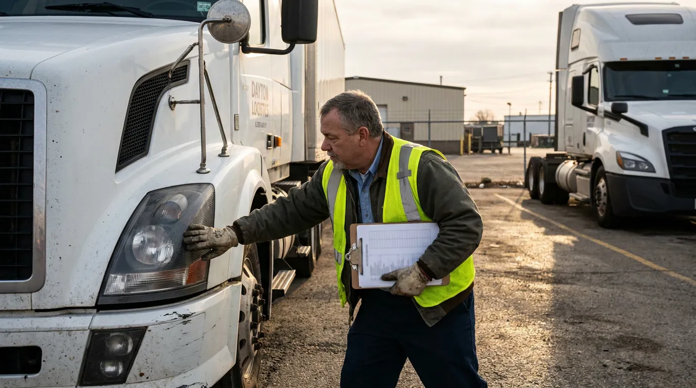 truck driver in safety vest inspecting Dayton Logistics semi-truck holding clipboard