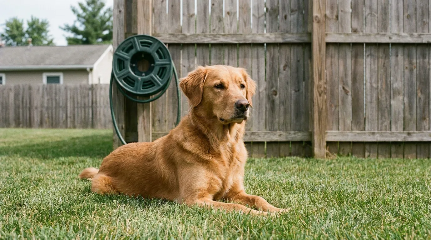 Golden retriever resting on grass in fenced backyard near garden hose reel
