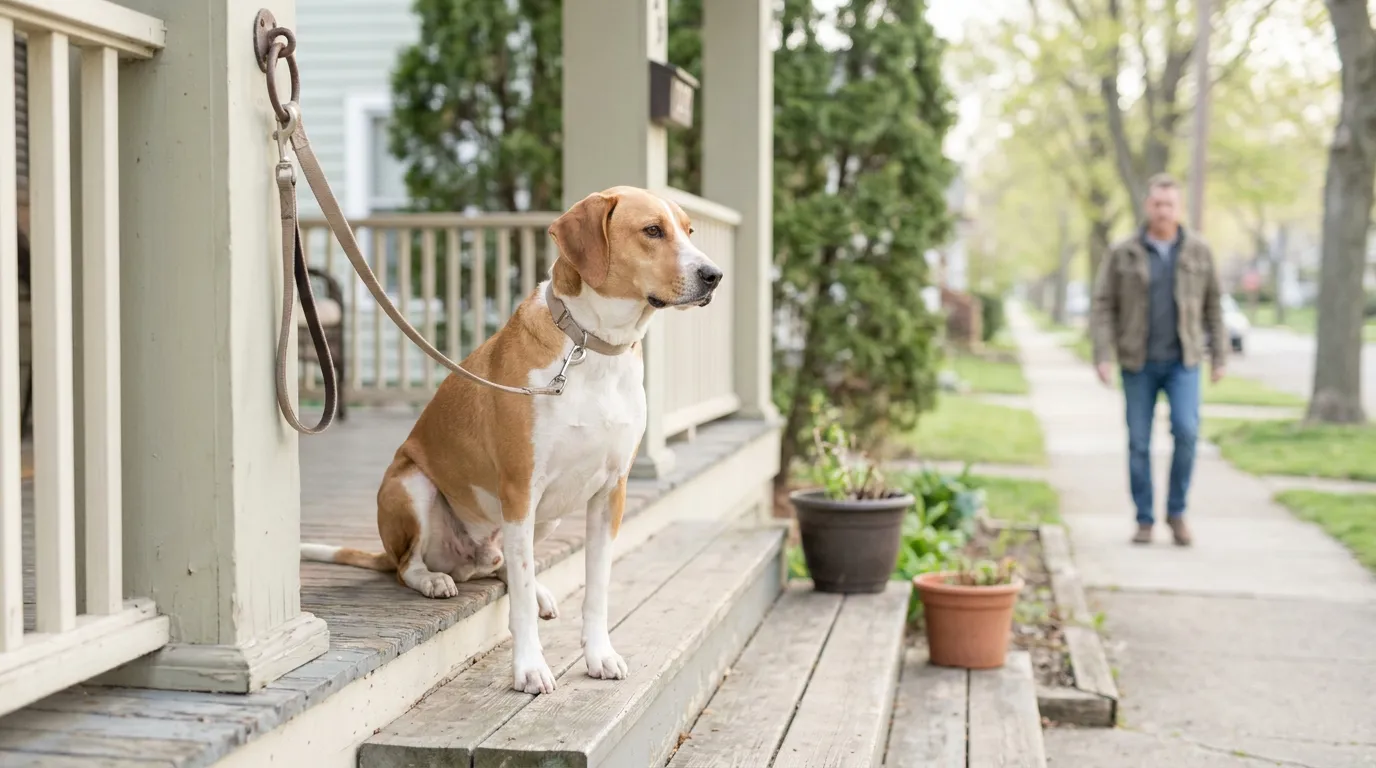leashed dog sitting on residential porch steps as man approaches on sidewalk